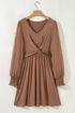 Shirred Cuff Long Sleeve Button Round Neck Mini Dress