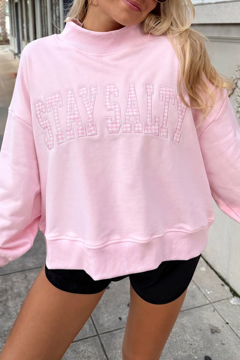 Stay Salty Embroidered Long Sleeve Mock Neck Shift Pullover Sweatshirt
