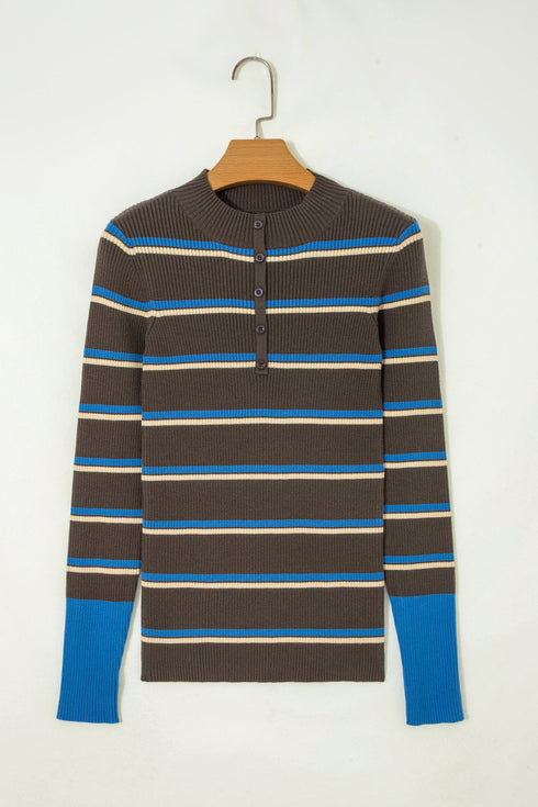Striped Ribbed Knit Cuff Henley Button Sweater