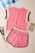 Casual Blocked Pattern Patchwork Cap Sleeve Short Set