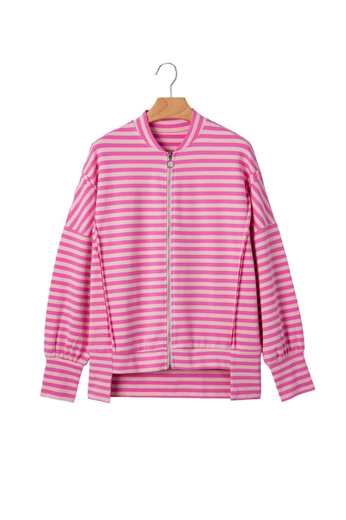 Striped Zip Up Puff Sleeve Jacket Sweatshirt