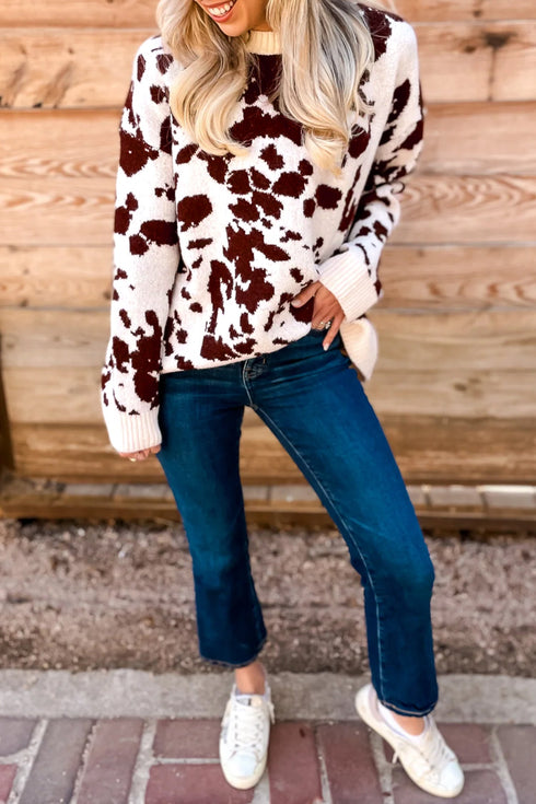 Cow Pattern Western Long Sleeve Round Neck Pullover Sweater