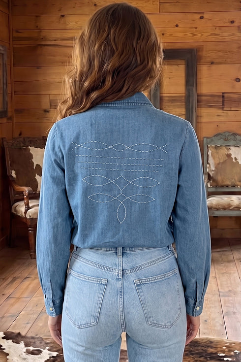 Denim Embroidered Western Long Sleeve Collar Blouse