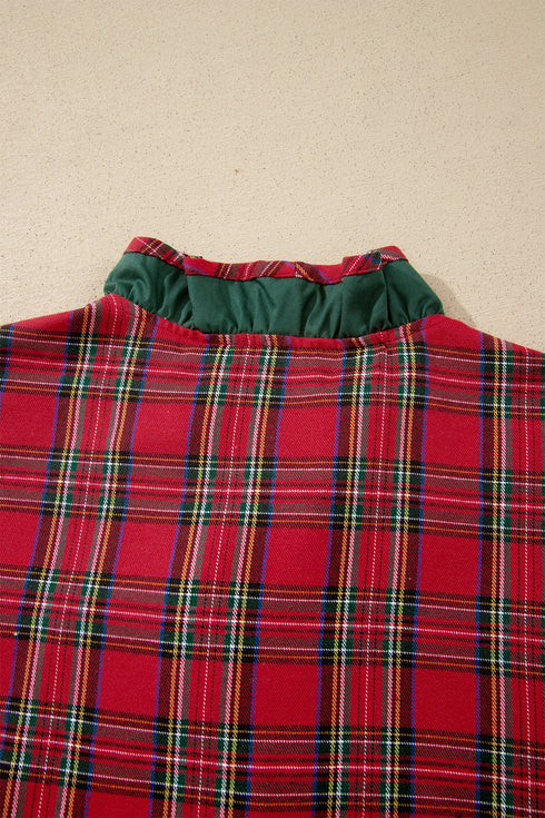 Plaid V Neck Ruffle Trim Short Sleeve Blouse