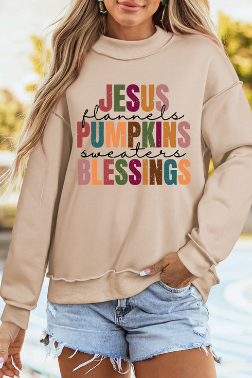 Slogan Graphic Exposed Seam Mock Neck Sweatshirt