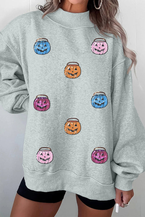 Sequin Pumpkin Face Graphic Mock Neck Sweatshirt