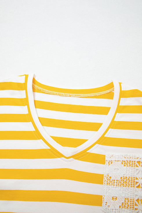 Striped Lace Patchwork V Neck Cotton Long Sleeve Top