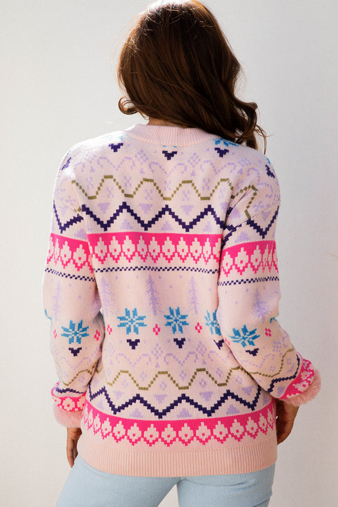 Fair Isle Patterned Faux Fur Cuff Knit Sweater