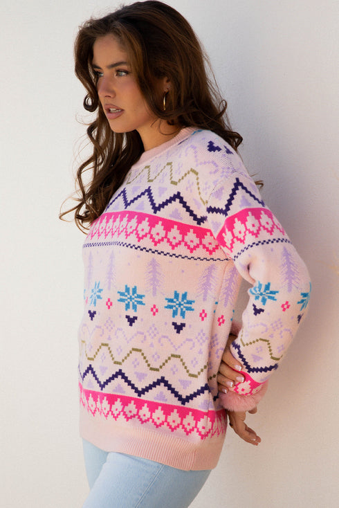 Fair Isle Patterned Faux Fur Cuff Knit Sweater