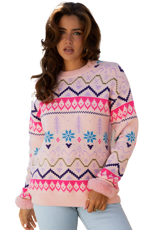Fair Isle Patterned Faux Fur Cuff Knit Sweater
