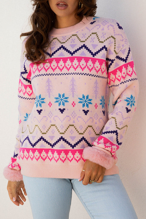 Fair Isle Patterned Faux Fur Cuff Knit Sweater