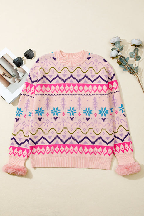 Fair Isle Patterned Faux Fur Cuff Knit Sweater