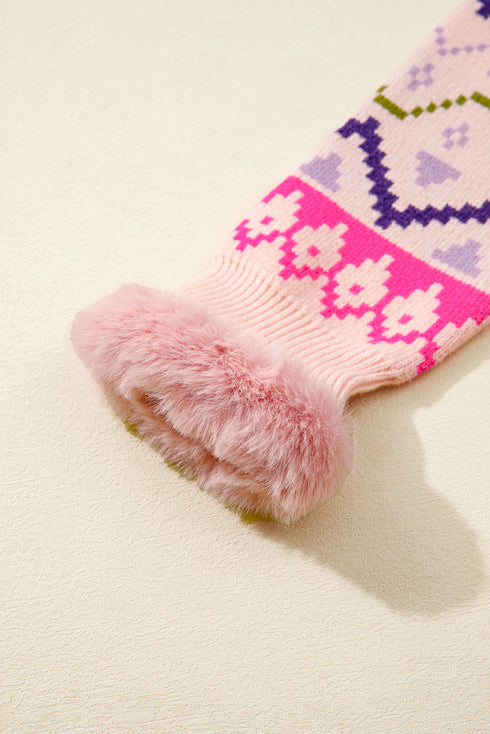 Fair Isle Snowflake Feather Cuff Drop Shoulder Crew Neck Sweater