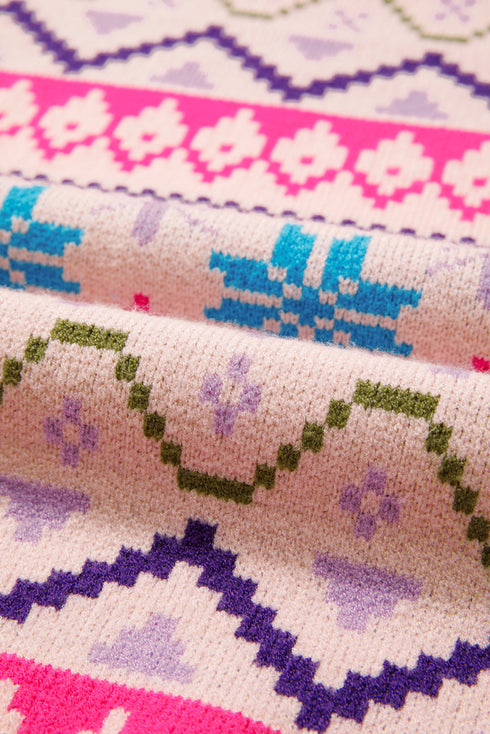 Fair Isle Snowflake Feather Cuff Drop Shoulder Crew Neck Sweater