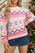 Fair Isle Snowflake Feather Cuff Drop Shoulder Crew Neck Sweater