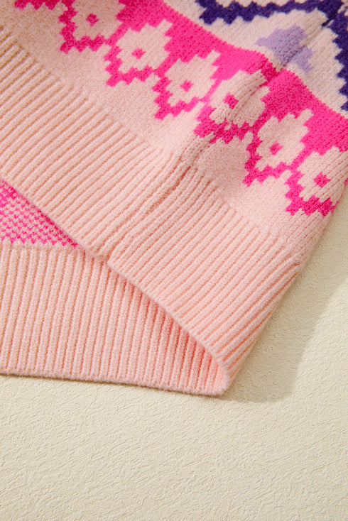 Fair Isle Snowflake Feather Cuff Drop Shoulder Crew Neck Sweater