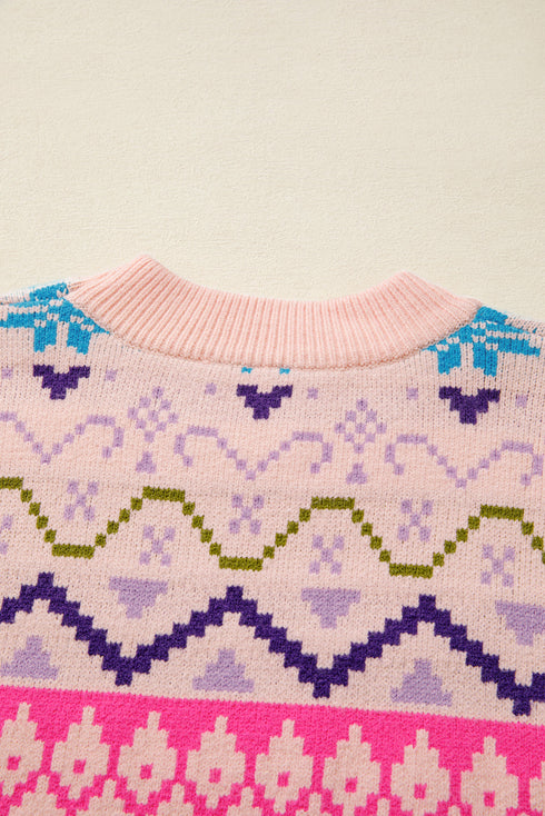 Fair Isle Snowflake Feather Cuff Drop Shoulder Crew Neck Sweater
