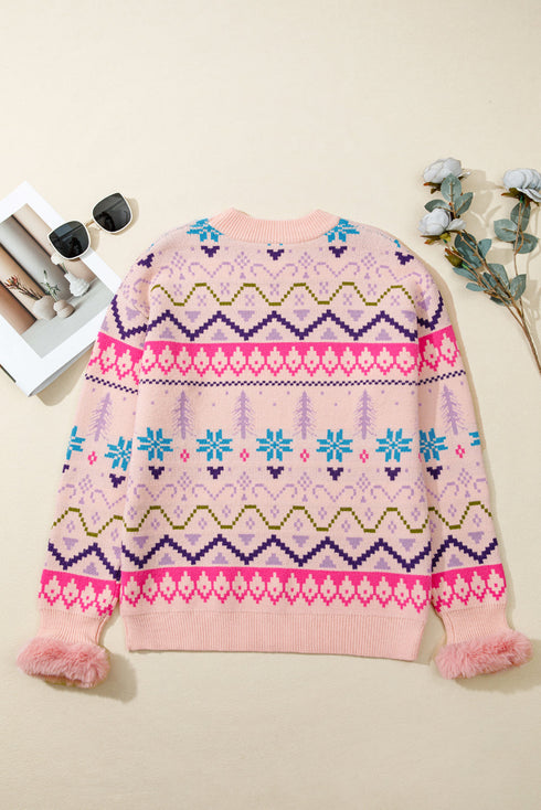 Fair Isle Snowflake Feather Cuff Drop Shoulder Crew Neck Sweater
