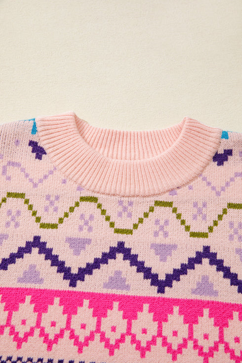 Fair Isle Snowflake Feather Cuff Drop Shoulder Crew Neck Sweater