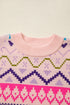 Fair Isle Snowflake Feather Cuff Drop Shoulder Crew Neck Sweater