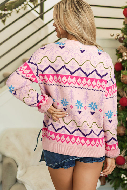 Fair Isle Snowflake Feather Cuff Drop Shoulder Crew Neck Sweater