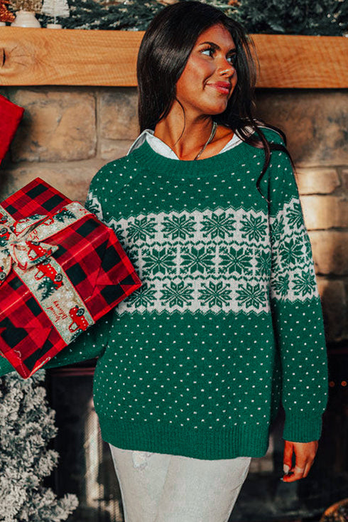 Fair Isle Snowflake Pattern Crew Neck Knit Sweater