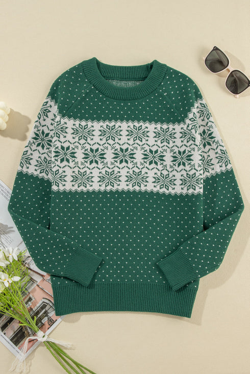 Fair Isle Snowflake Pattern Crew Neck Knit Sweater