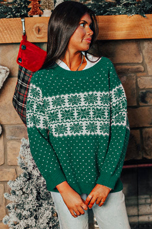 Fair Isle Snowflake Pattern Crew Neck Knit Sweater