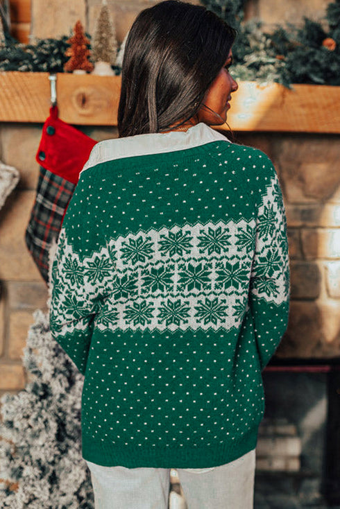 Fair Isle Snowflake Pattern Crew Neck Knit Sweater