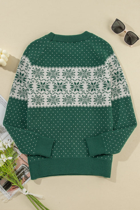 Fair Isle Snowflake Pattern Crew Neck Knit Sweater
