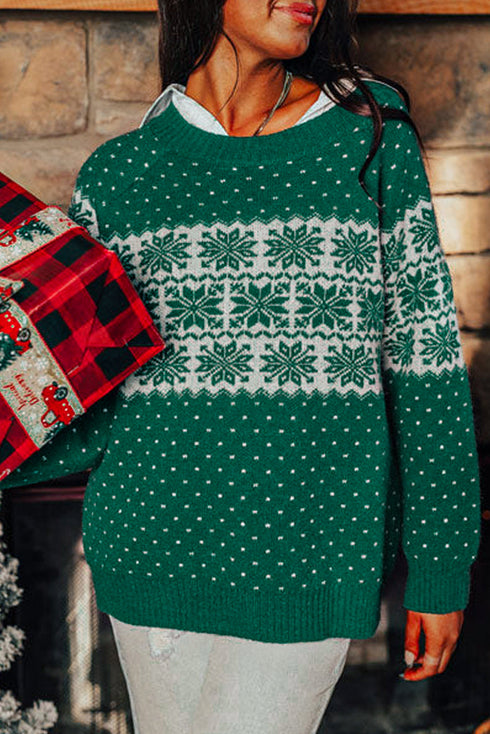 Fair Isle Snowflake Pattern Crew Neck Knit Sweater