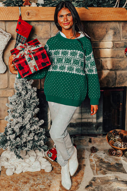Fair Isle Snowflake Pattern Crew Neck Knit Sweater