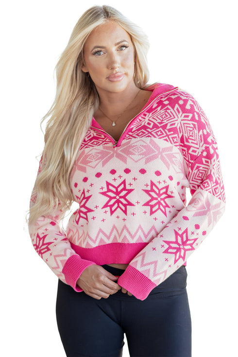 Fair Isle Snowflake Pattern Quarter Zip Pullover Sweater