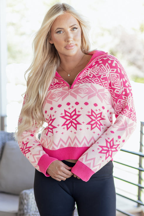 Fair Isle Snowflake Pattern Quarter Zip Pullover Sweater