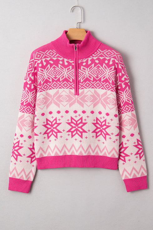 Fair Isle Snowflake Pattern Quarter Zip Pullover Sweater