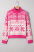 Fair Isle Snowflake Quarter Zip Stand Collar Drop Shoulder Rib Hem Sweater