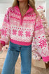 Fair Isle Snowflake Quarter Zip Stand Collar Drop Shoulder Rib Hem Sweater