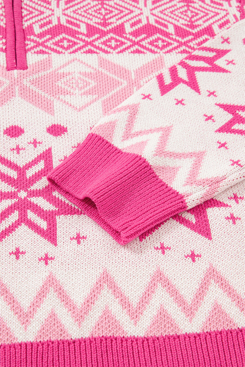 Fair Isle Snowflake Quarter Zip Stand Collar Drop Shoulder Rib Hem Sweater