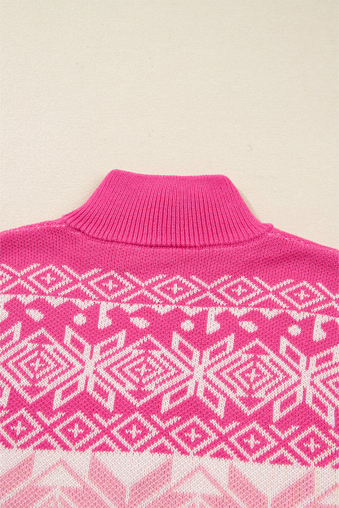 Fair Isle Snowflake Quarter Zip Stand Collar Drop Shoulder Rib Hem Sweater