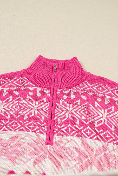 Fair Isle Snowflake Quarter Zip Stand Collar Drop Shoulder Rib Hem Sweater