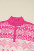 Fair Isle Snowflake Quarter Zip Stand Collar Drop Shoulder Rib Hem Sweater