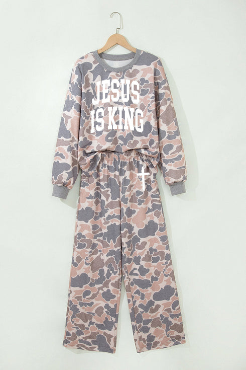 Faith Camo Slogan Long Sleeve Pullover Pant Set