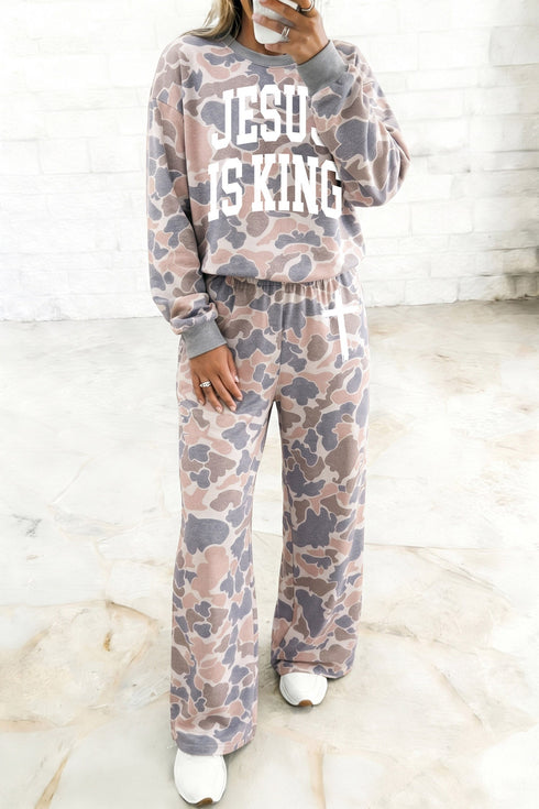Faith Camo Slogan Long Sleeve Pullover Pant Set
