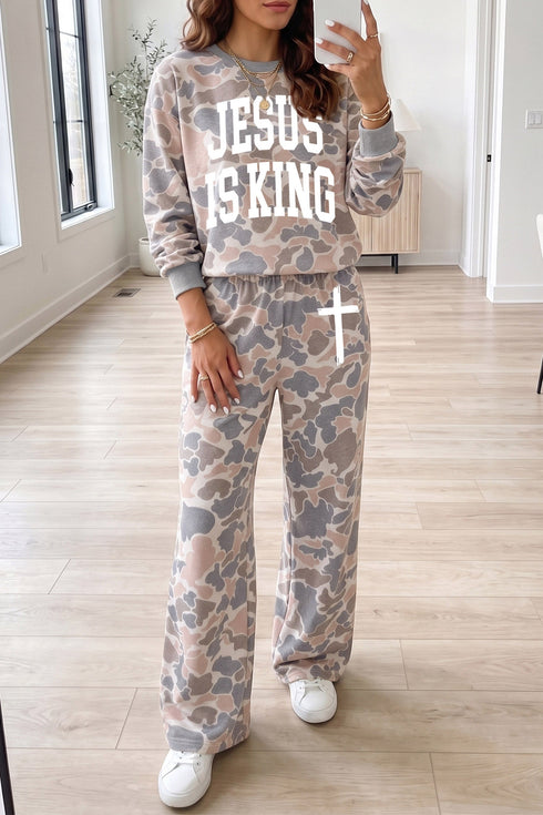 Faith Camo Slogan Long Sleeve Pullover Pant Set