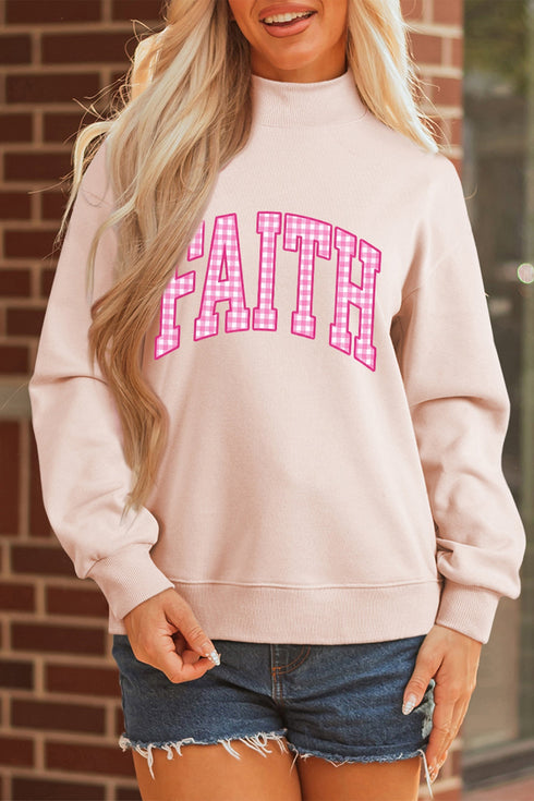 Faith Plaid Letter Mock Neck Pullover Sweatshirt