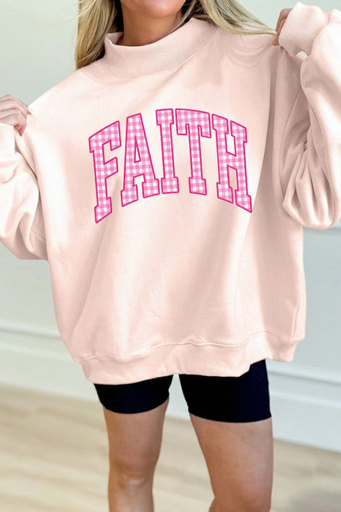 Faith Plaid Letter Mock Neck Pullover Sweatshirt