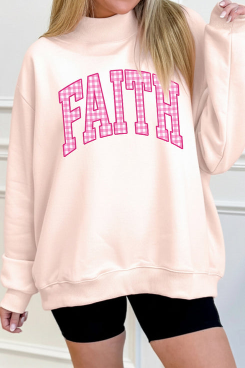 Faith Plaid Letter Mock Neck Pullover Sweatshirt