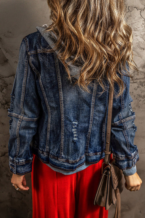 Fake Two Piece Hooded Zip Up Distressed Denim Jacket