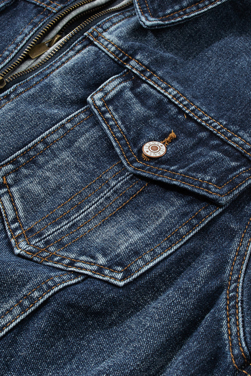 Fake Two Piece Hooded Zip Up Distressed Denim Jacket