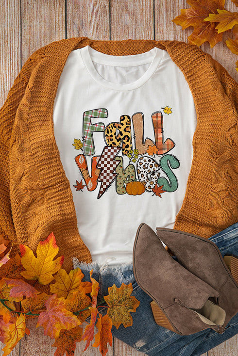 Fall Vibes Mixed Pattern Plaid Leopard Graphic Autumn Tee